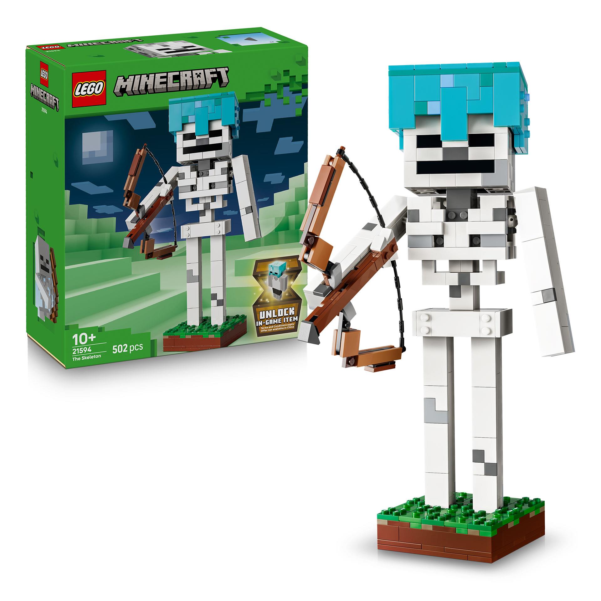 LEGO Minecraft Skelett-Figur aus 502 Steinen auf Grassockel, mit Pfeil und Bogen und abnehmbarem Diamanthelm, ab 10 Jahren