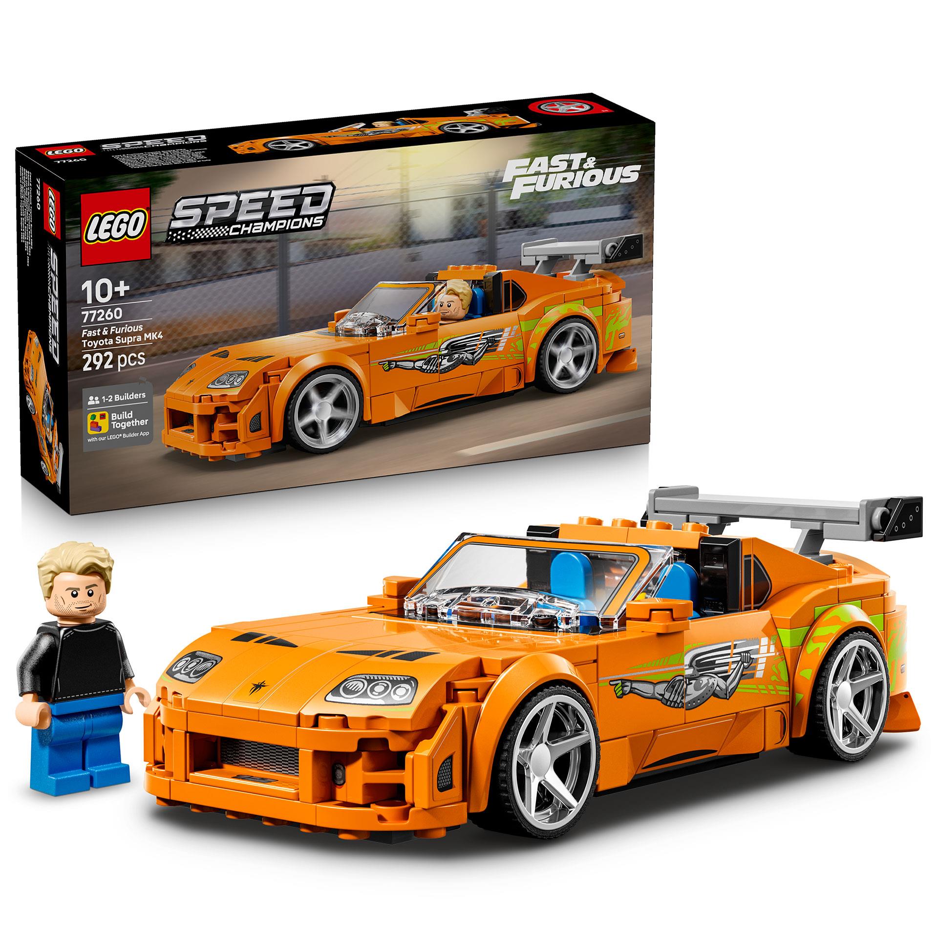 LEGO Speed Champions Toyota Supra MK4 in orange mit Brian O'Conner Minifigur, Heckflügel und Chromfelgen, 292 Teile, ab 10 Jahren