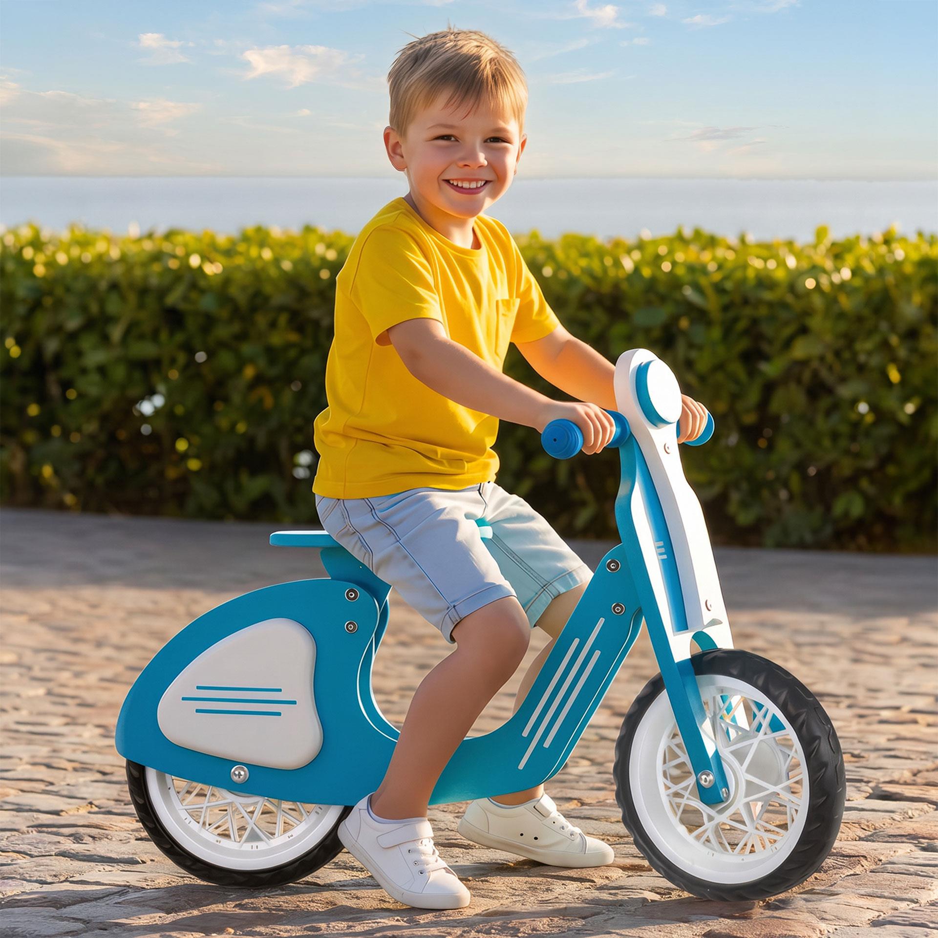 Blaues Pilsan Kinderlaufrad im Vespa-Look aus Holz mit weissen Details, schwarzem Sattel und schwarzen Rädern