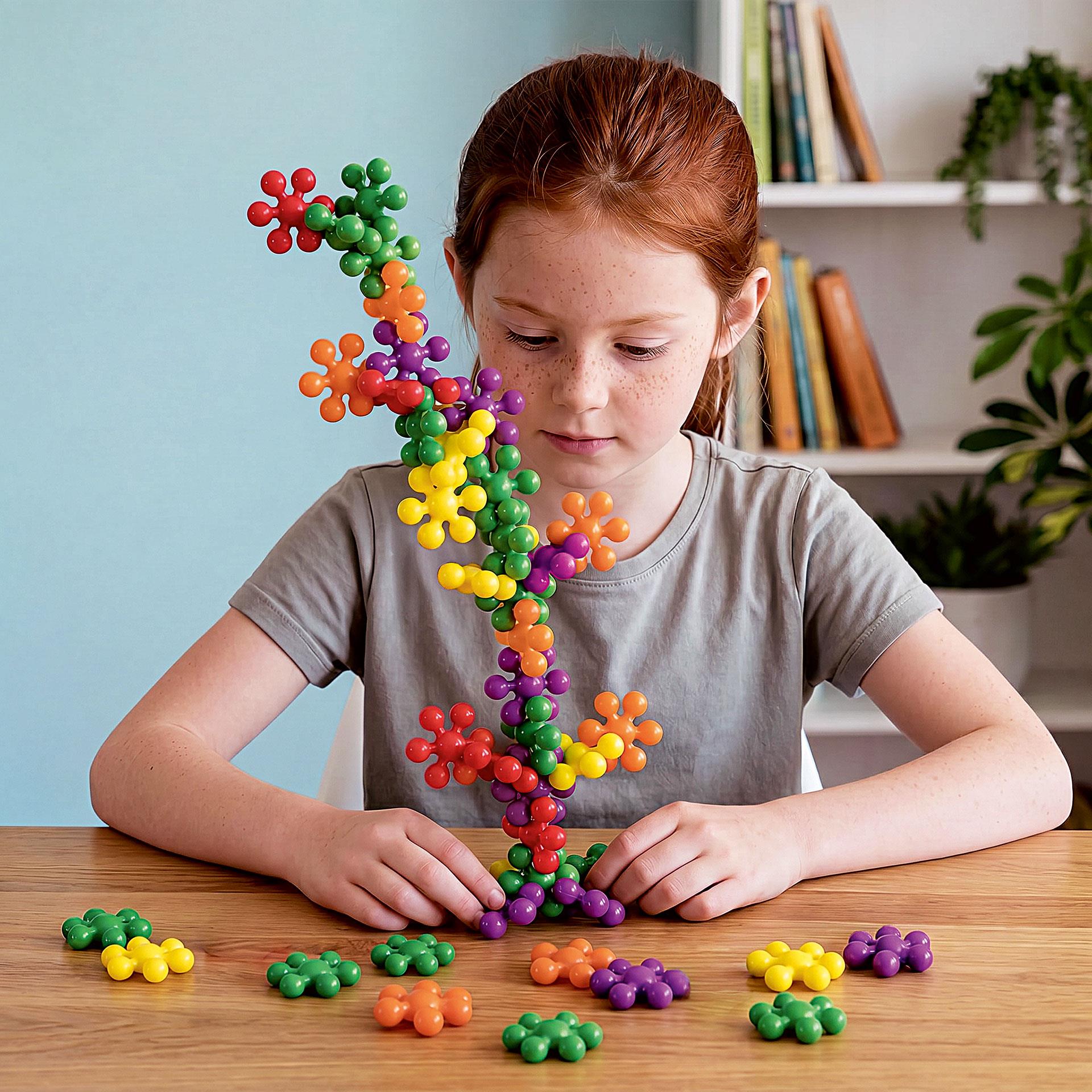 Dose mit bunten Steckblumen aus Kunststoff und Beispielmotiven wie 123 ABC, Figuren und Formen