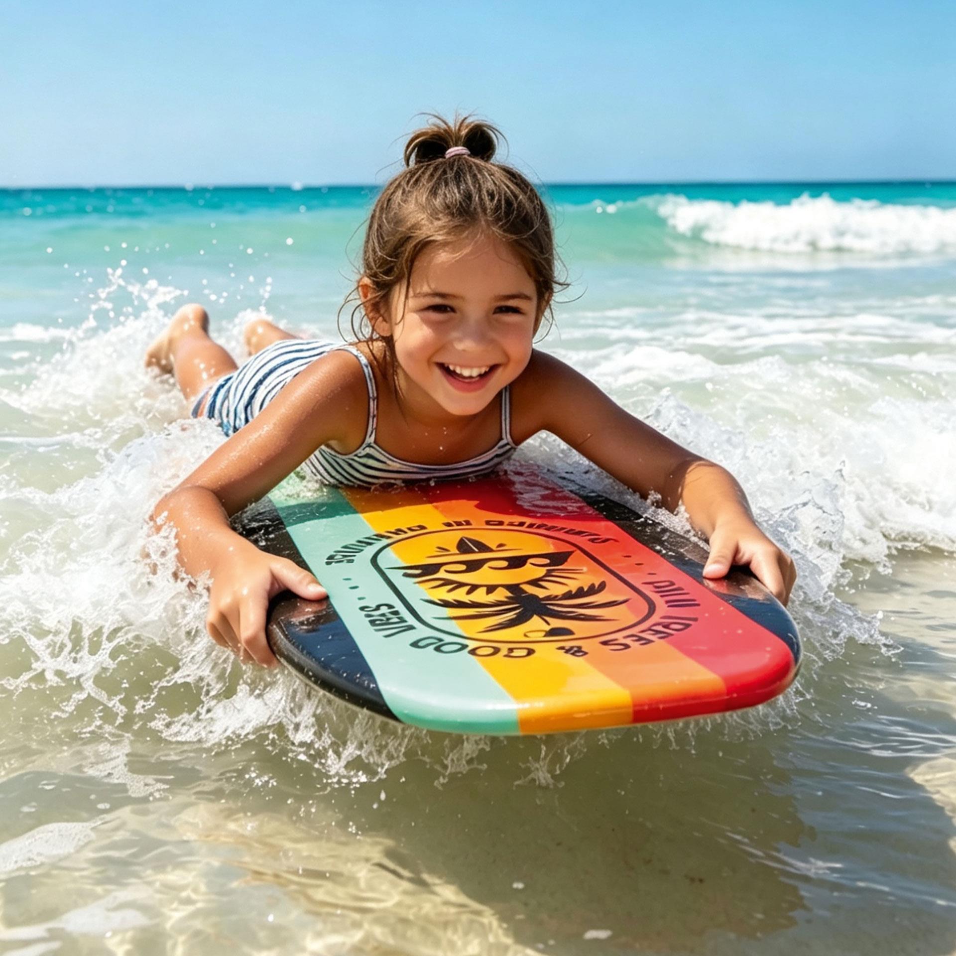 Das Bild zeigt Kind im Meer, das auf buntem Bodyboard in flachen Wellen liegt