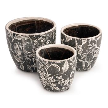 3 vasi in ceramica neri, con foglie
