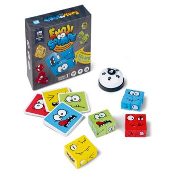 Emoji Square Game mit Holzspielsteinen, Karten und Glocke