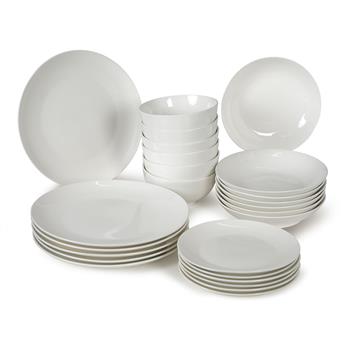 Set di stoviglie Classic White, 24 pezzi, composto da piatti piani, piatti da dessert, piatti fondi e ciotole, in materiale di alta qualità New Bone China