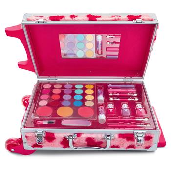 Rosa Make-Up Trolley mit flauschigem Herzchen-Design und 36-teiligem Schminkset für Kinder, mit Rollen und ausziehbarem Griff