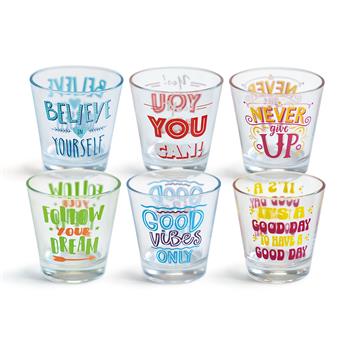 Bunte Trinkgläser mit motivierenden Sprüchen in verschiedenen Farben, ideal für Wasser, Säfte oder Cocktails. Set mit 6 Gläsern, Fassungsvermögen 250 ml