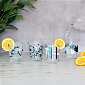Set di 4 bicchieri da bibita con design astratto in blu, bianco e nero, 250 ml, 8 x 10 cm