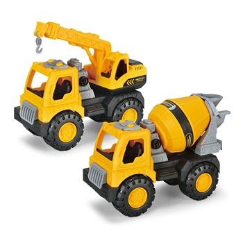 Due veicoli da cantiere giocattolo in plastica di colore giallo, grigio e nero, composti da un'autogru con gancio mobile e da una betoniera con tamburo rotante