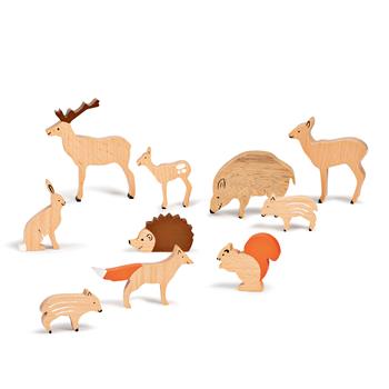 Set d'animaux en bois avec 10 animaux de la forêt, dont un chevreuil, un sanglier et un hérisson, avec boîte de rangement