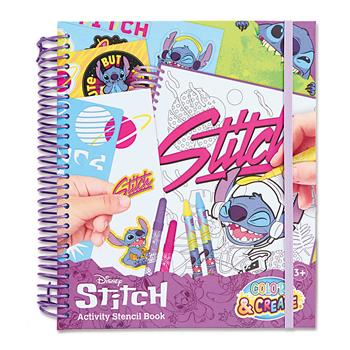 Stitch Activity Schablonenbuch mit Bastel- und Malzubehör wie Stiften, Stickern und Schablonen in einem Set, farbenfroh gestaltet