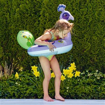 Anello gonfiabile per il nuoto a forma di pavone viola con una grande coda di piume colorate, dimensioni del modello 97 x 58 cm