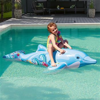 Animal flottant gonflable en forme de dauphin avec poignées latérales, en bleu avec des motifs floraux, taille du modèle 175 x 66 x 50 cm, idéal pour les activités aquatiques