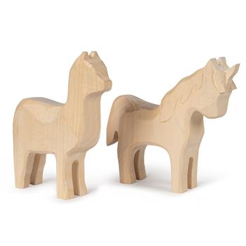 Due figure in legno intagliate a mano - lama e unicorno - in legno di tiglio da colorare, ideali per le mani creative dei bambini