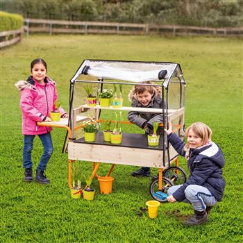 Mini-serra mobile per bambini con tetto trasparente, ripiano in legno e grandi ruote - da piantare con vasi ed erbe aromatiche