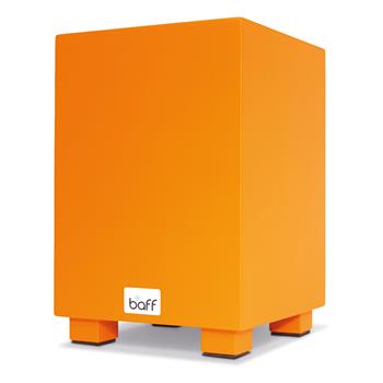 Orangefarbener Kindercajon mit 38 cm Höhe, mit Schallloch unten, inklusive Handaufklebern und Mitmachheft, geeignet für Kinder ab 3 Jahren