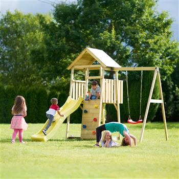 Holz Spielturm mit gelber Rutsche, Kletterwand, Schaukel und aufklappbarem Holzboden im Garten