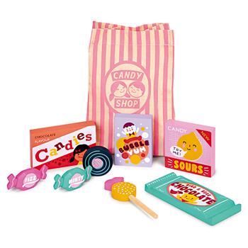 Set de jeu avec bonbons colorés en bois comprenant des bonbons, du chocolat, des sucettes et un sac en coton rayé – idéal pour les magasins et les jeux de rôle