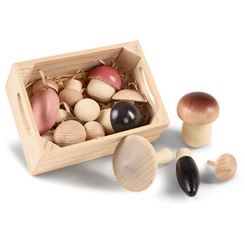 15 funghi in legno di diverse forme e colori in una scatola di legno aperta, da utilizzare come accessori per giochi o decorazioni
