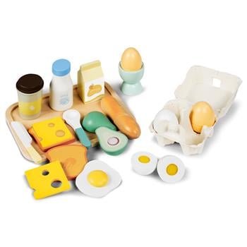 Set de petit-déjeuner comprenant 27 pièces, dont du pain grillé, du fromage, de l'avocat, des œufs au plat, des tasses, une bouteille de lait et une boîte à œufs
