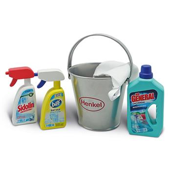 Set di pulizia per bambini, con secchio in metallo, tre bottiglie in legno colorate e panno bianco