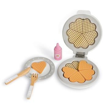Gaufrier en bois avec accessoires, comprenant un gaufrier, 4 gaufres avec garnitures de fruits, une bouteille de sirop, des couverts et des assiettes, pour des jeux de rôle créatifs dans la cuisine des enfants