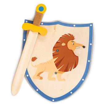 Bouclier en bois avec motif lion et épée en bois assortie, ensemble composé de deux pièces pour les enfants à partir de 3 ans