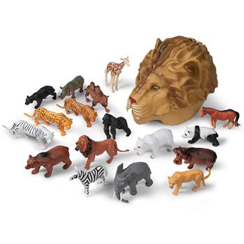 Set d'animaux safari avec 18 figurines d'animaux dans une boîte de rangement en forme de tête de lion, avec fonction lumière et son