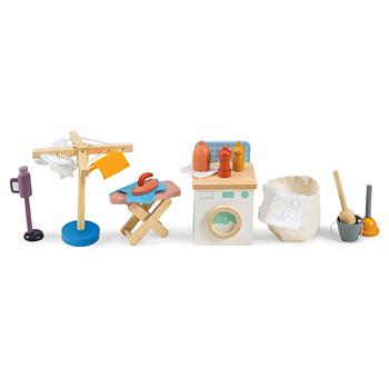 Mini set de laverie pour maison de poupées avec machine à laver, étendoir à linge, fer à repasser, aspirateur et accessoires en bois et en textile