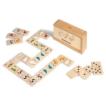 Domino en bois avec motifs d'animaux et points, 28 pièces dans une boîte en bois