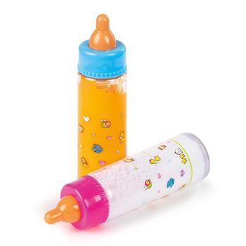 Zwei magische Puppen-Trinkflaschen, eine mit Milch und eine mit Saft, mit Austrinkeffekt – geeignet für Rollenspiele mit Babypuppen