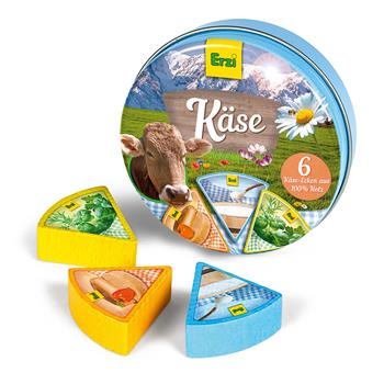 Morceaux de fromage en bois Erzi dans une boîte en fer-blanc