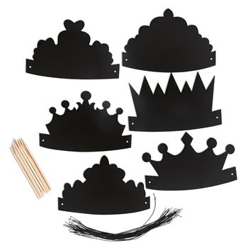 Set mit 24 Kratzbild-Kronen zum Freikratzen, inklusive 24 Gummibändern und 12 Holz-Kratzstiften
