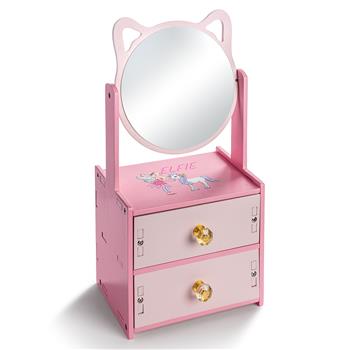 Portagioie rosa per bambini con specchio rotondo, orecchie di gatto e due cassetti con pomello in vetro