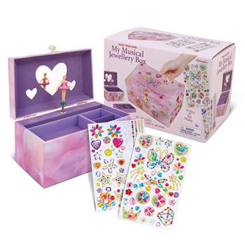 Boîte à bijoux musicale DIY violette avec ballerine, miroir en forme de cœur et autocollants pailletés à décorer, ouverte et remplie de bijoux