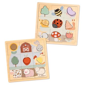Due puzzle in legno con motivi colorati del parco e della fattoria, in cui i bambini possono inserire le forme corrispondenti
