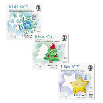 Tre motivi in cartone pretagliati per creare decorazioni natalizie con forme di fiocchi di neve, stelle e alberi di Natale