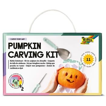 Kürbisschnitzset mit 4 Werkzeugen, 6 Vorlagen und Stoffbeutel zur Aufbewahrung, ideal für Halloween-Basteleien