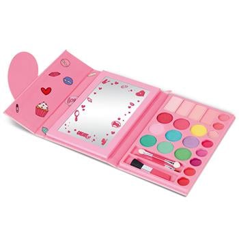 Set di trucchi per bambini in forma di libro con chiusura a cuore, specchio, colori vivaci e pennelli