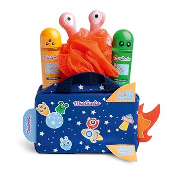 Kindernecessaire in Raketenform mit Shower Gel, Shampoo und Badeschwamm mit Alien-Augen