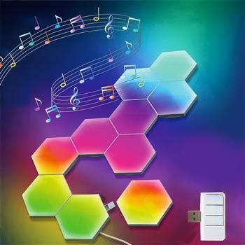 LED-Hexagon-Panels an einer Wand, mehrfarbig leuchtend, modular verbunden und per USB betrieben