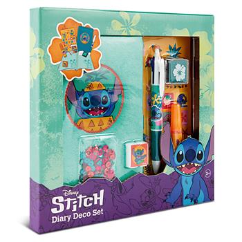 Türkises Stitch-Plüsch-Tagebuch A5 mit Stickerbogen, Multicolor-Kugelschreiber, Stempel, Stempelkissen, Pailletten und Glitzerkleber