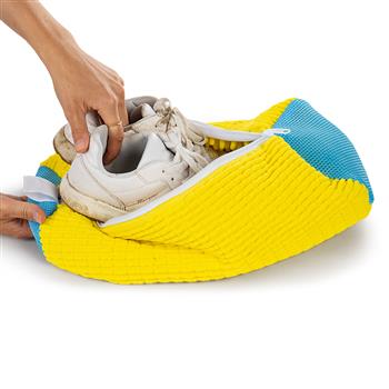 Sacchetto per lavare le scarpe giallo-turchese con cerniera, struttura interna con setole per lavare le scarpe da ginnastica in lavatrice