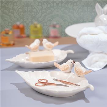 Elegante Keramikschale in Blattform mit zwei dekorativen Vögeln, ideal als Servierschale, Ablage für Schlüssel oder stilvolles Deko-Element