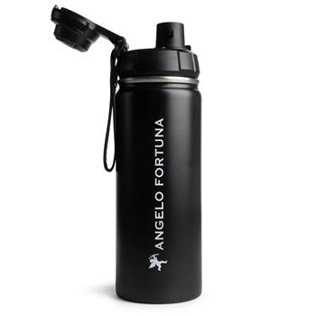 Gourde en acier inoxydable noir avec surface mate, bouchon avec cordon et inscription Angelo Fortuna imprimée