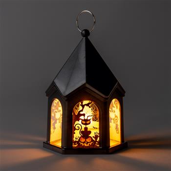 Mini lanterna LED per Halloween nera e assortita, design con gatto su zucca luminosa o con spaventapasseri. In plastica