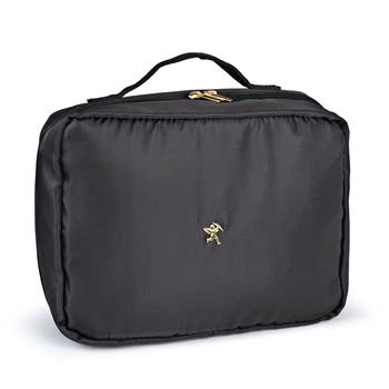 Twill Necessaire von Angelo Fortuna in Schwarz und Beige, mit transparenten Fächern, Netzhaltern und Haken zum Aufhängen