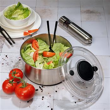 Edelstahl-Salatschleuder mit Pumpmechanik, transparentem Deckel, Stopptaste und rutschfestem Silikonboden