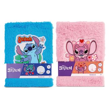 Zwei A5 Plüsch-Notizblöcke in Blau & Pink mit Stitch & Angel Motiv, linierte Seiten und dezenter Motivdruck innen