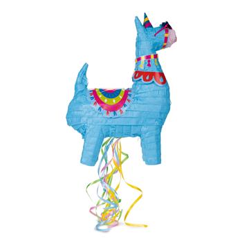 Pinata lama bleu clair avec batte en bois colorée et bandeau pour les yeux multicolore comme jeu de fête pour les enfants