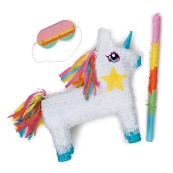 Pinata licorne blanche et bleue avec batte en bois colorée et bandeau pour les yeux coloré comme jeu de fête pour enfants